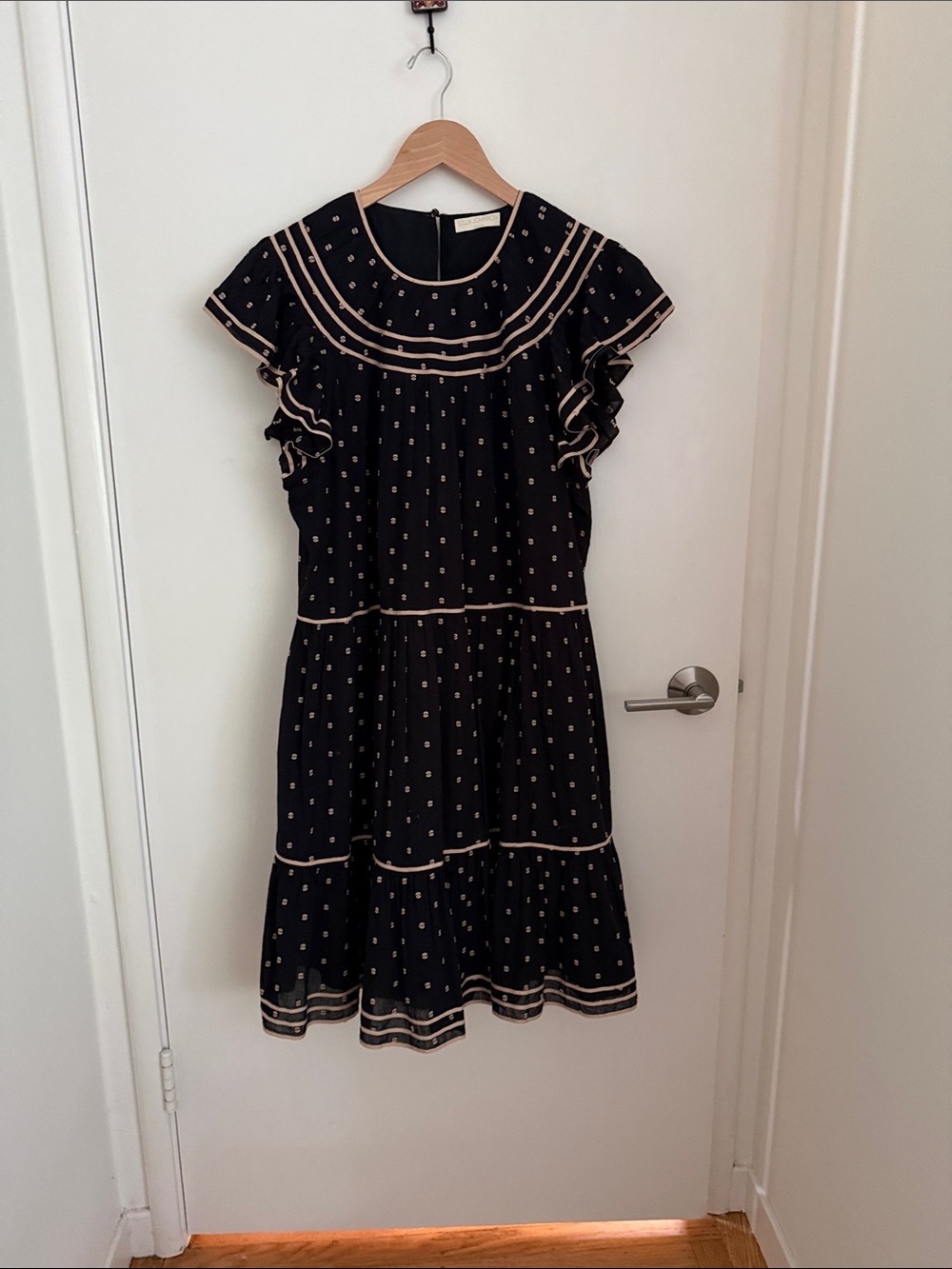 Ulla Johnson Black Midi Dress with Cream Dot Trim